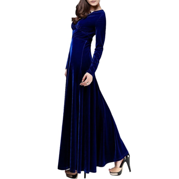 Vinter dame V-udskæring guldfløjl cocktail langærmet kjole Royal blue,S