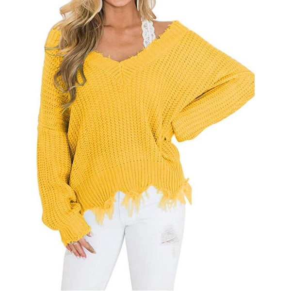Kvinder V-hals strikket sweater Off Shoulder Pullover Strikoverdele Yellow XL