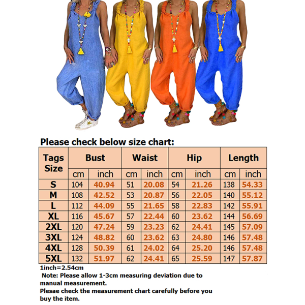 Kvinnor Wide Leg Romper Harem Byxa Bomull Linne Strapping Jumpsuit Orange 5XL