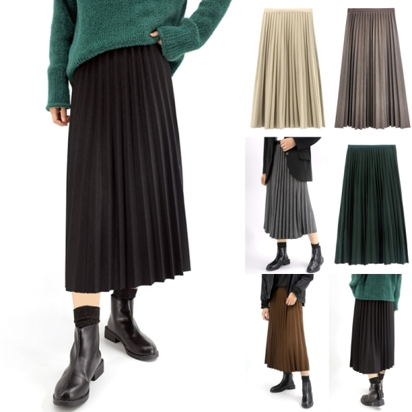 Damer med høj talje A-linje lang nederdel Ensfarvede plisserede nederdele Svartgrön One Size