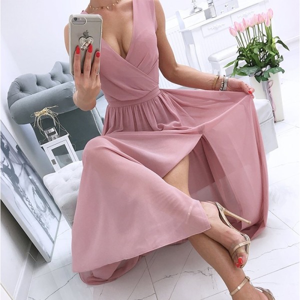 Dam Slit Tank Dress Långa Maxi Formell Klänningar V-ringad kväll Pink L