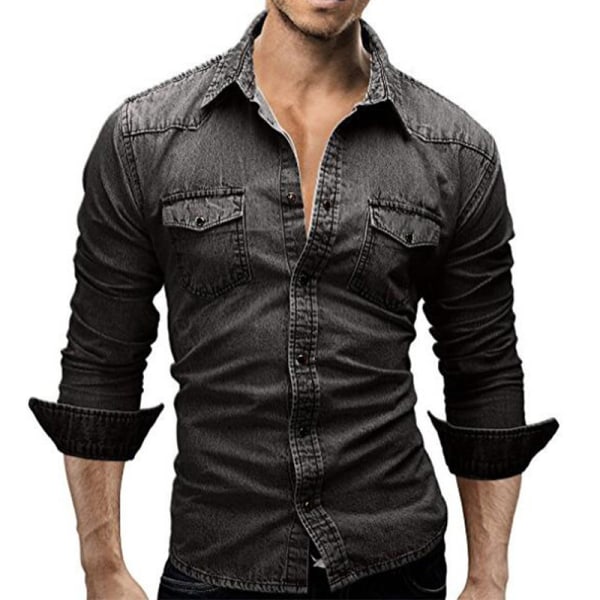 Vintermode jeansskjorta för män Långärmad T-shirt Dark Grey 2XL