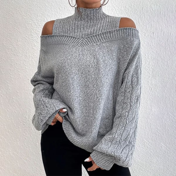 Dam Turtle Neck Puff Sleeve Cold Shoulder Stickade tröjor Grå XL