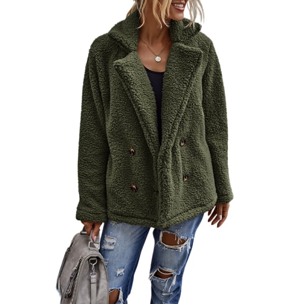 Kvinnor Bear Lapel Jacka Ytterkläder Button Fleece Fluffy Coat Top Army Green 3XL
