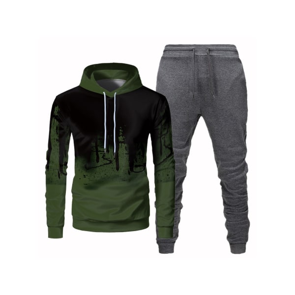 Printed hooded sweatshirt för män, sportdräkt Army Green Coat Dark Grey Pants,L