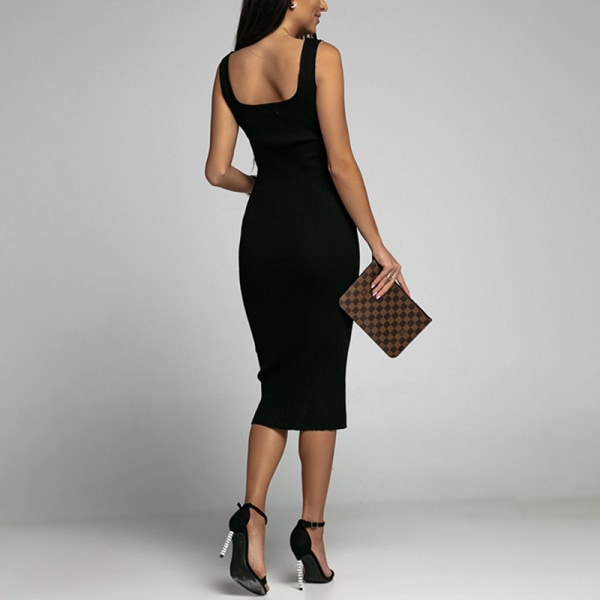 Naisten hihaton pitkä mekko, neliömäinen kaula, kesäinen ranta-aurinkomekko Black XL