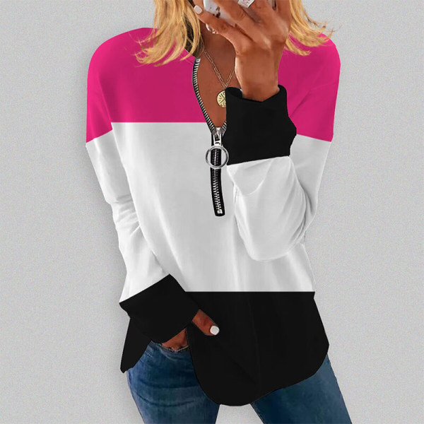 Kvinnor Zipper Color Block Patchwork T-shirt V-hals Basic Pullover 25709-Rose Red 6XL (US 2XL)