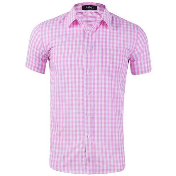 Herr rutigt printed Casual bomullsskjorta kortärmad T-shirt Pink,M