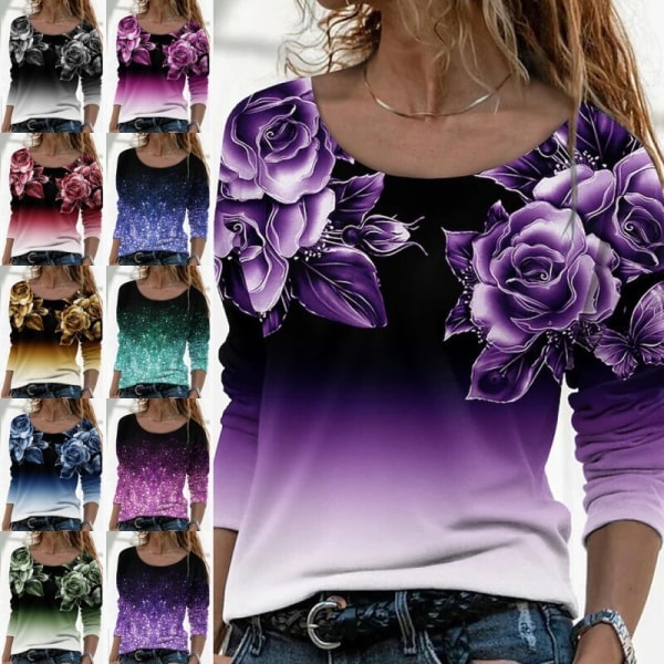 Naisten pitkähihaiset topit Gradient-paita Minced Flower Purple L