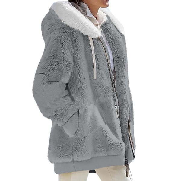Naisten yksivärinen neuletakki vetoketjullinen Sherpa-takki Light Grey 5XL