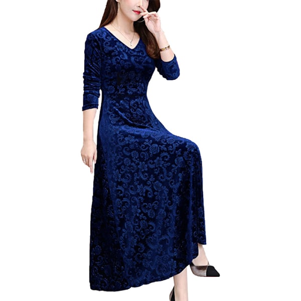 Kvinnor Maxiklänningar Långärmad V-ringad Stor Swing Dress Party Deep Blue 3XL