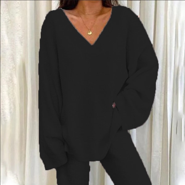 Tvådelad klädsel med bred ben för damer Polar Fleece V-hals Lounge Set Black 3XL