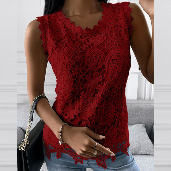 Ärmlösa linnen för kvinnor Spets T-shirts Red 5XL