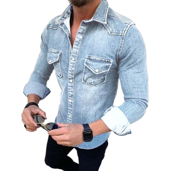 Mænd Denim Shirt Langærmede Button-Up lommer Reverskrave Light Blue XL