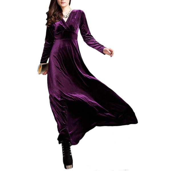 Vinter dame V-udskæring guldfløjl cocktail langærmet kjole purple,M