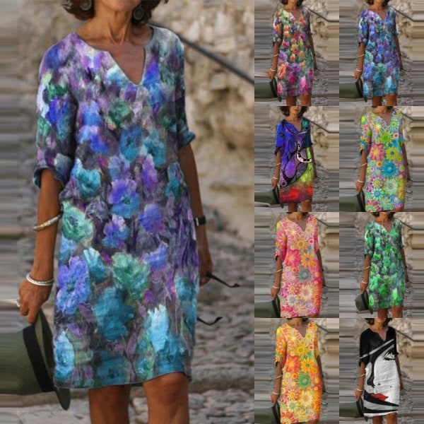 Klänningar med abstrakt print för damer Shift Knälång Klänning Blue Floral L