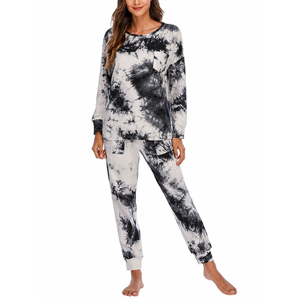 Kvinders Tie Dye Printed Pyjamas Set langærmede topbukser Black and White,M