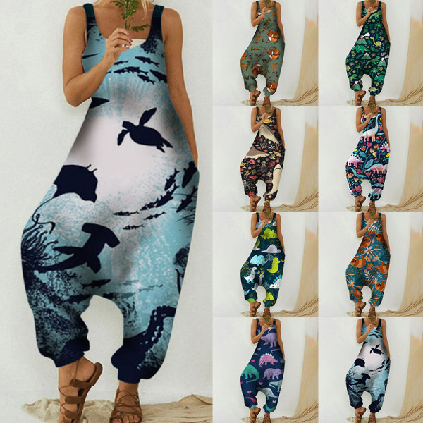Kvinder Jumpsuits med brede ben Bohemian lange bukser 4#Dinosaur XL