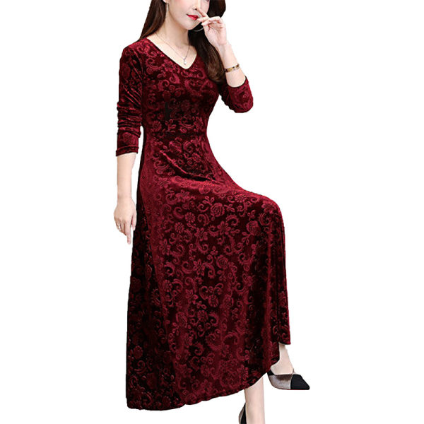 Kvinder Maxikjoler Langærmet V-hals Stor Swing Dress Party Wine Red XL