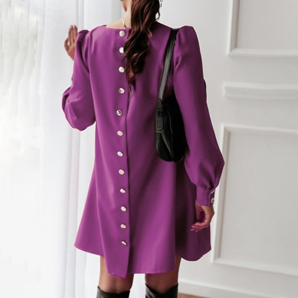 Kvinnor långärmad miniklänning korta klänningar med rund hals Purple L