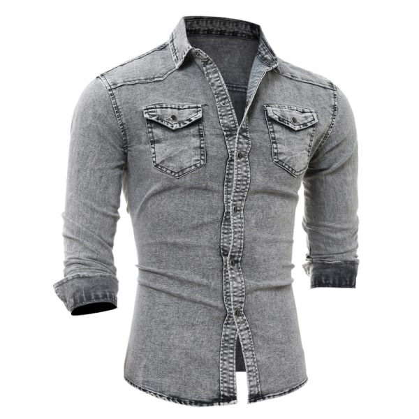Vintermode jeansskjorta för män Långärmad T-shirt Light Grey 2XL