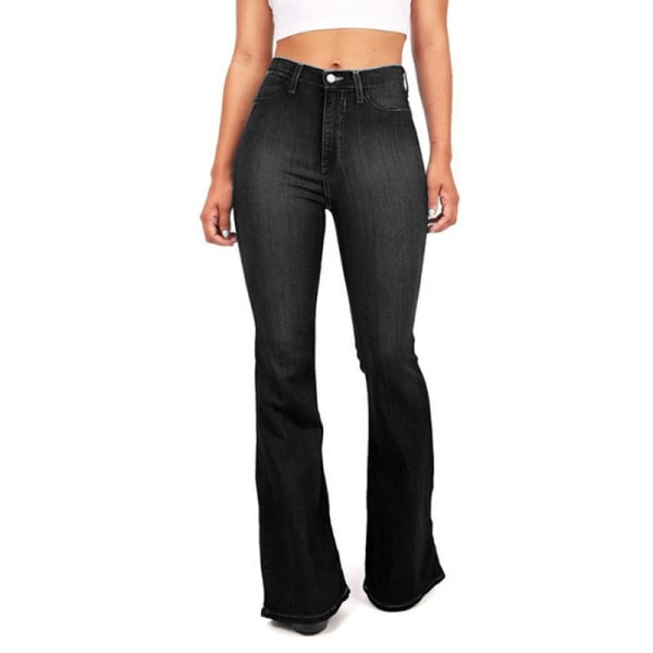 Kvinder jeans højtaljede løse knapbukser afslappede bukser med udsving Black,3XL