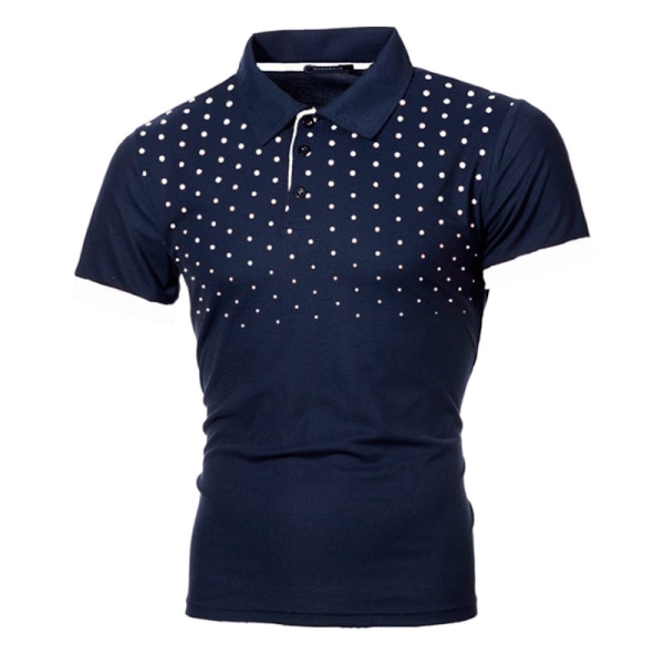 Herre Polka Dots T-shirt Button Shirts Lapel Neck kortærmet Flottan Blå Vit M