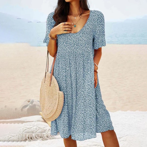 Naisten lyhythihainen kesäinen aurinkomekko, print midi-mekko Light Blue XL