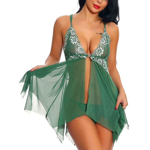 Kvinders sexet cardigan pyjamas kjole med blondeundertøj foran Green,L