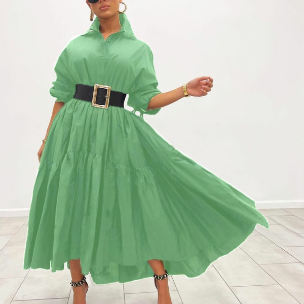 Kvinder ensfarvet skjortekjole flæsende maxi-kjoler Green L