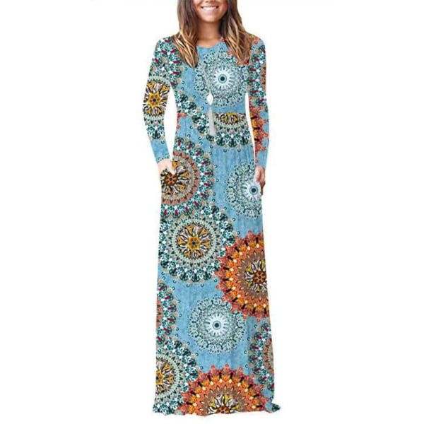 Naisten pitkähihaiset printed aurinkomekko Maxi-mekot Pocket Beach Blue S