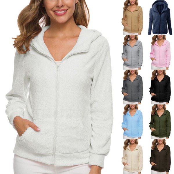 Luvtröja för damer med fickor i enfärgad fleece-tröja White L