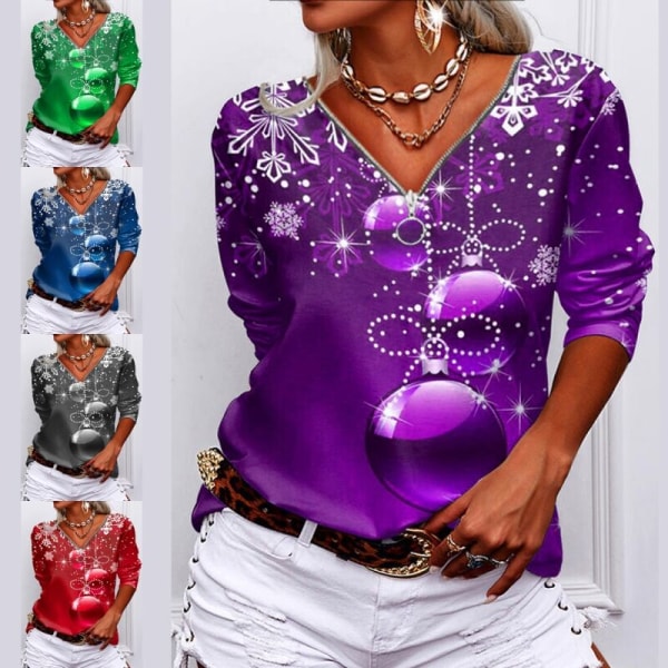 Kvinder langærmet V-hals lynlås Baggy Tee Christmas Print T-shirt Green 2XL