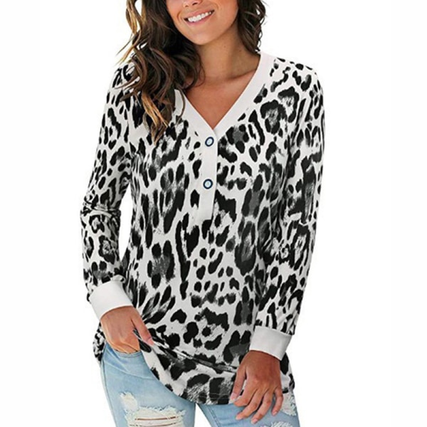 Kvinnor Knapp Långärmad V-ringad PRINTED shirt Casual Lös Topp White leopard pattern M