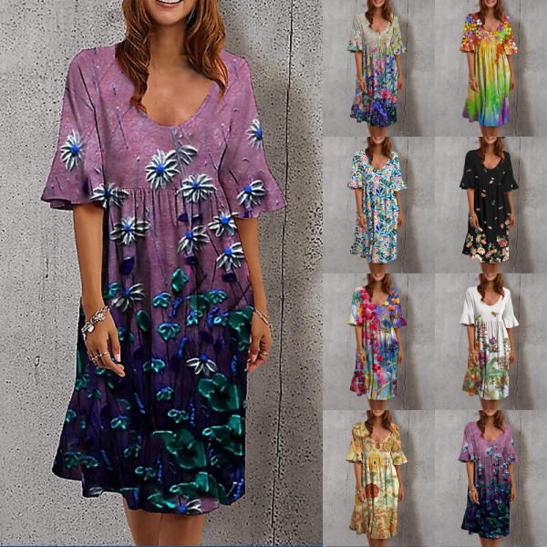 Lady Summer Midi Dress Casual Flowy floral Printing A-linjainen mekko Light Blue 2XL