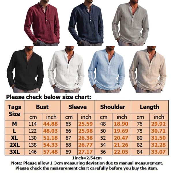Mænd stand-up krave enkelt-lomme knap bomuld og hør skjorte Light Blue XL