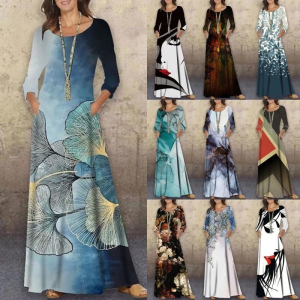 Dame abstrakt trykt fuld længde kjole med blomsterprint Maxi Element-G S