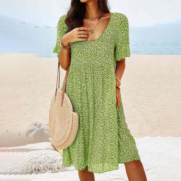 Naisten lyhythihainen kesäinen aurinkomekko, print midi-mekko Green 2XL