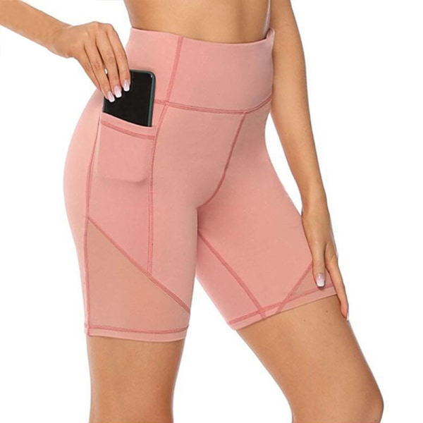 Kvinders højtaljede yogashorts Skinny Workout-sidetaske Pink,L