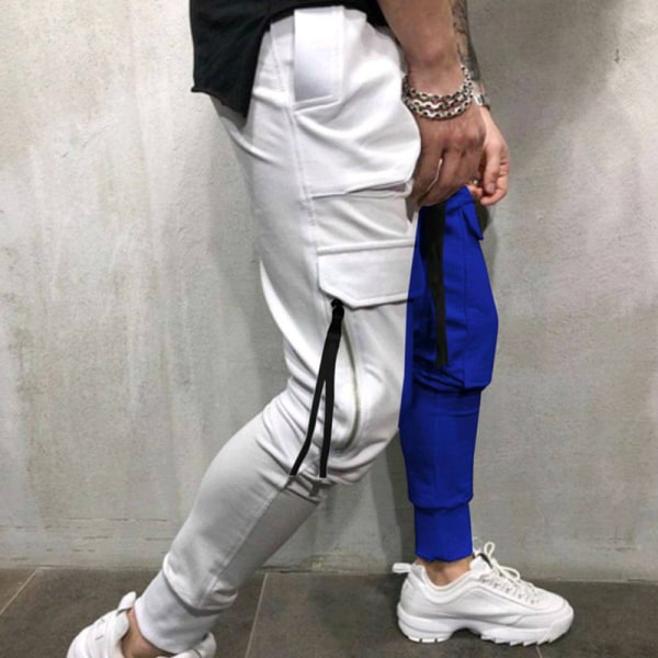 Miesten värikkäitä casual urheiluhousujen kiristysnyöri White Blue,XL