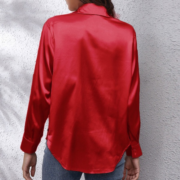 Böjd blus för dam Tunikaskjorta Satin långärmade T-shirts Red XL