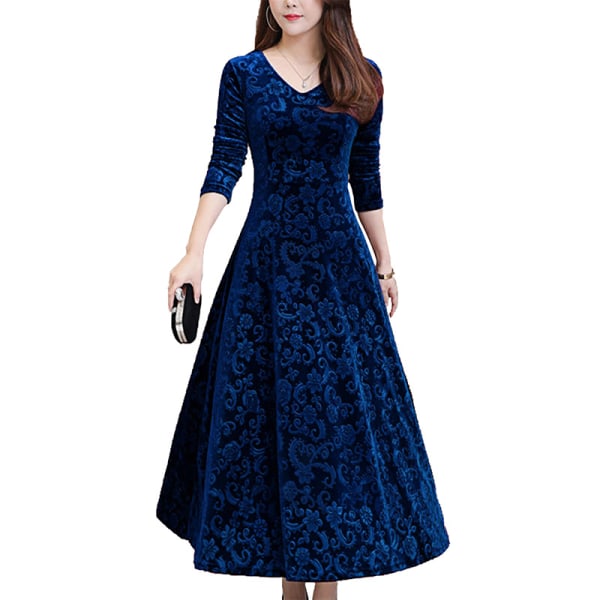 Kvinder Maxikjoler Langærmet V-hals Stor Swing Dress Party Deep Blue L