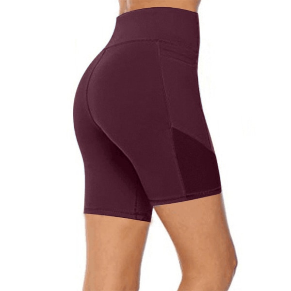 Kvinders højtaljede yogashorts Skinny Workout-sidetaske Red wine,5XL