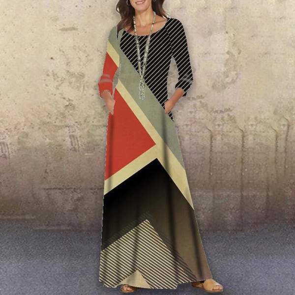 Dame abstrakt trykt fuld længde kjole med blomsterprint Maxi Element-D XL