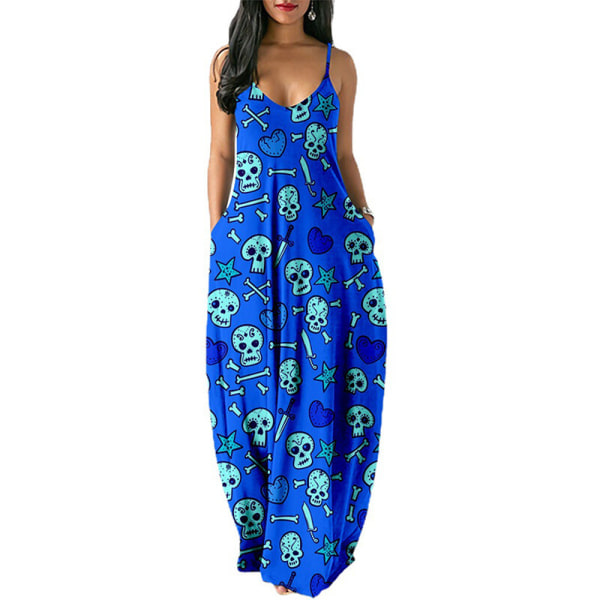 Dam V-ringad Summer Beach Sundress Cami Long Dress Blue M