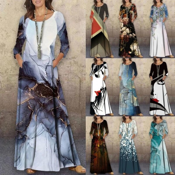 Dame abstrakt trykt fuld længde kjole med blomsterprint Maxi Element-A M