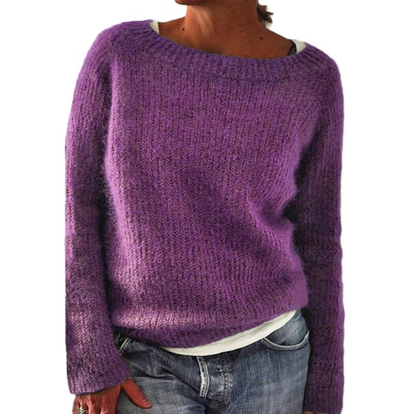 Dam långärmad tröja med rund hals i enfärgad tröja Purple L