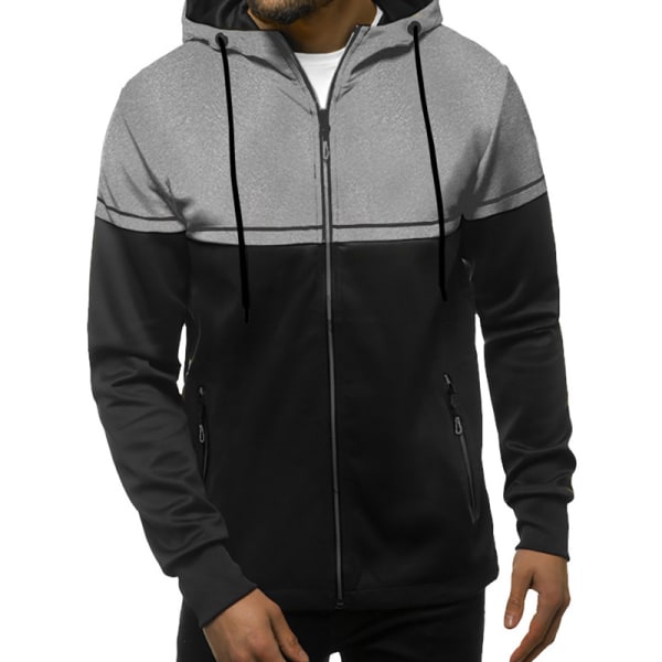 Mænd Farve Matchende Hættejakke Sweater Zip Outwear Overcoat Light Gray XL