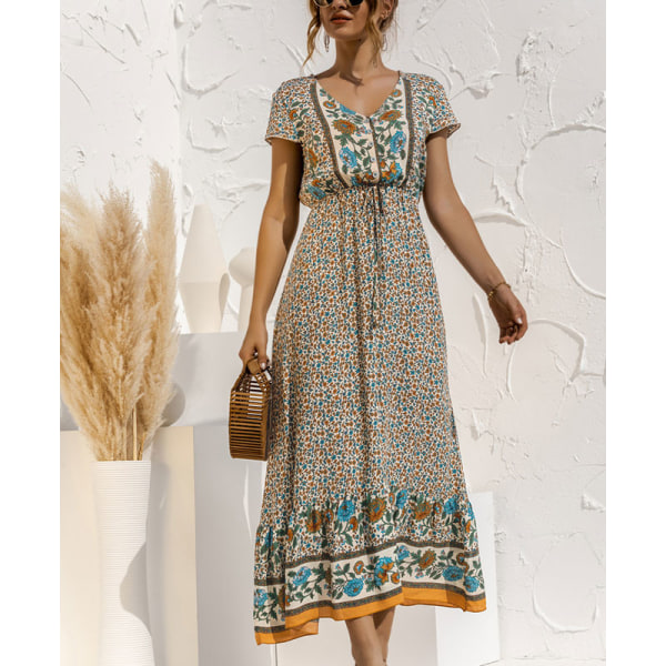 Naisten Maxi-mekot print pitkä mekko Sundress lyhythihainen Beige XL