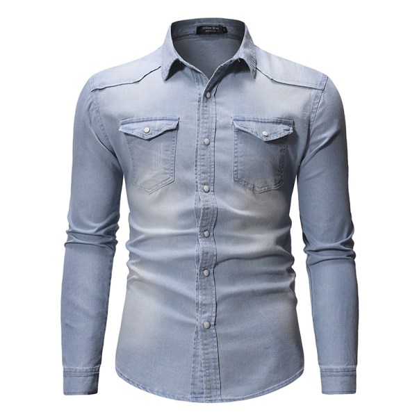 Vintermode jeansskjorta för män Långärmad T-shirt Wathet 3XL